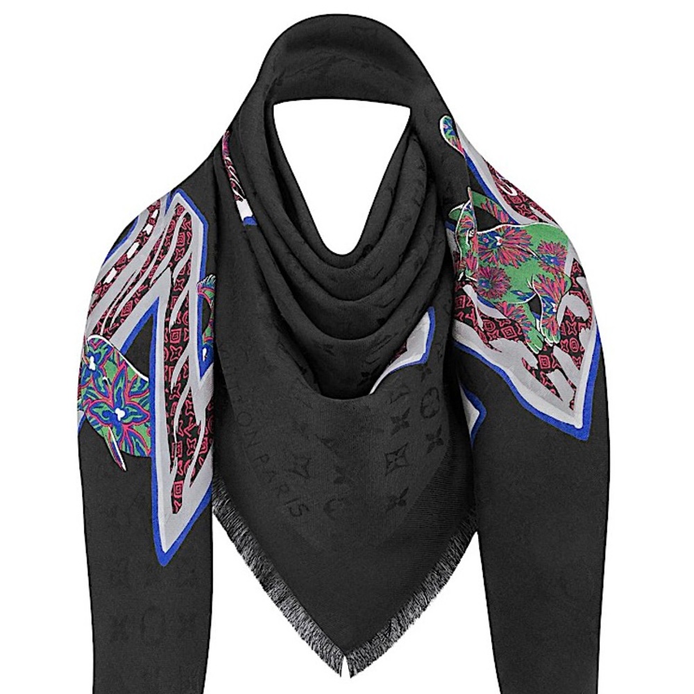 NWT LOUIS VUITTON LIMITED EDITION ABC MONOGRAM SILK WOOL GRAFFITI BLACK SHAWL